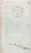 Infrarot-Falschfarben-Aufnahme Kassettiertes Säulenfragment mit Masken, Hunden und Rosetten, in Kreide gezeichnet