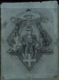 UV-Fluoreszenz-Aufnahme Zeichnung einer rautenförmigen Wappenkartusche, gefüllt unter anderem mit griechischem Kreuz, Trophäen, Festungsturm und bekröntem Adler als  Entwurf für den Deckenstuck in der Kirche Santa Maria del Priorato