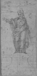 UV reflectance photograph Chalk, red chalk and graphite drawing of a male figure: Paul, with gesture of blessing on a pedestal, sketched in outline, from the Column of Marcus Aurelius