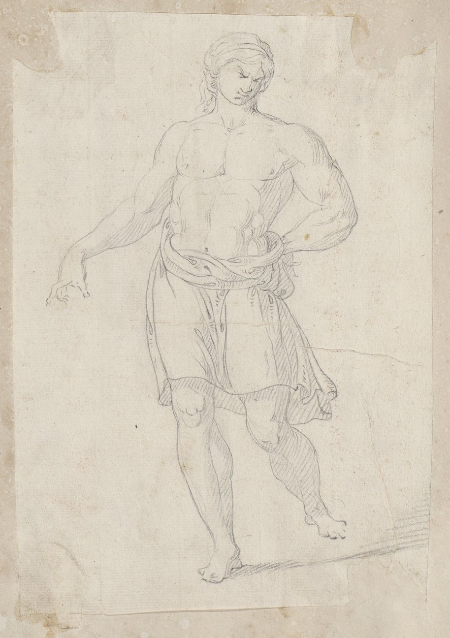 Auflichtaufnahme Schwarze Kreidezeichnung einer männlichen Figur in Frontalansicht, mit schreitender Pose und in die Hüfte gestütztem linken Arm