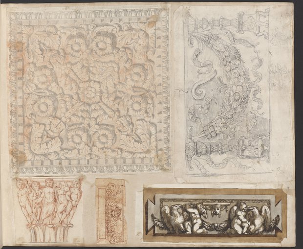 Auflichtaufnahme Soffitte, zwei Reliefs, Knaben-Kapitell, Tabula ansata