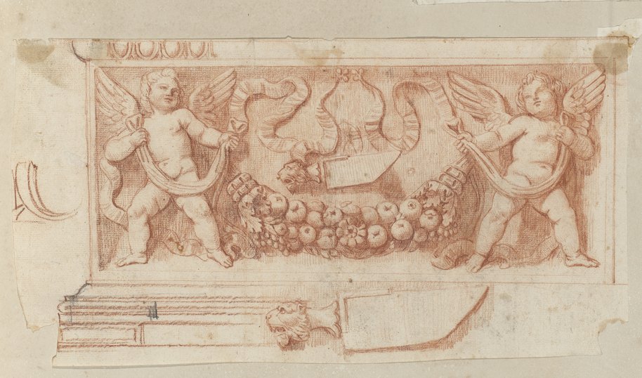 Auflichtaufnahme Rötelzeichnung eines Reliefs in Frontalansicht mit Eroten, Girlande und Opfermesser aus der Gartenfassade des Palazzo Barberini