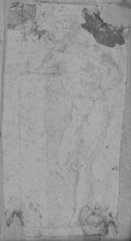 UV reflectance photograph Chalk drawing of a standing male nude figure with rotated body axis, leaning with the elbow on a rock behind it