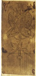 Durchlicht-Aufnahme Mit Feder und Kreide gezeichneter Entwurf für die mit Wappen geschmückte zentrale Stele an der Piazza dei Cavalieri di Malta in Rom