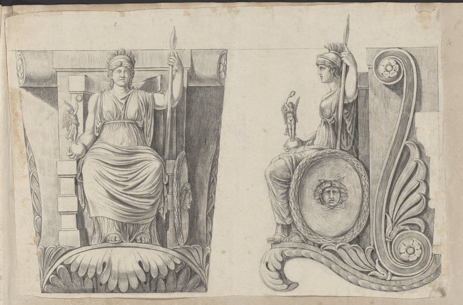 Volutenkonsole in Front und Seitenansicht mit Figur der Dea Roma
