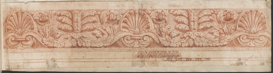Visible reflectance photograph Red chalk drawing of a frieze with palmettes and acanthus blossoms from the Temple of Saturn in the Roman Forum