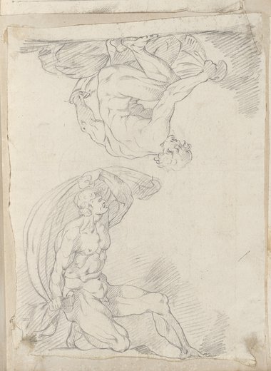 Auflichtaufnahme Schwarze Kreidezeichnungen zweier kniender männlicher Figuren mit Tuch, die obere Figur ist auf das um 180 Grad gedrehte Blatt gezeichnet und steht für den Betrachter kopfüber