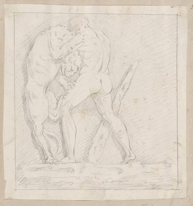 Auflichtaufnahme Männlicher Rückenakt im Kampf mit einem Löwen, Kreidezeichnung vom Relief mit Herkules im Löwenkampf aus der Villa Medici