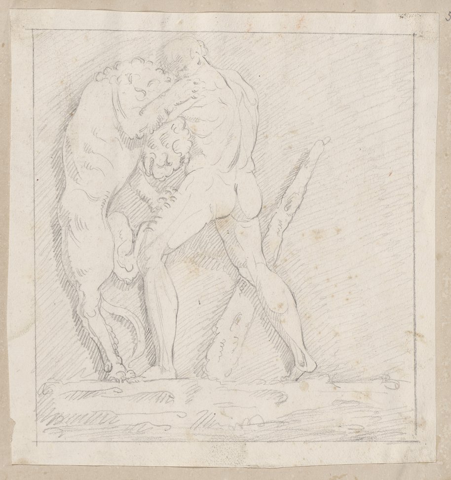 Visible reflectance photograph Male back nude fighting with a lion, chalk drawing of the relief with Hercules fighting with a lion from Villa Medici