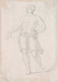 Infrarot-Falschfarben-Aufnahme Schwarze Kreidezeichnung einer männlichen Figur in Frontalansicht, mit schreitender Pose und in die Hüfte gestütztem linken Arm