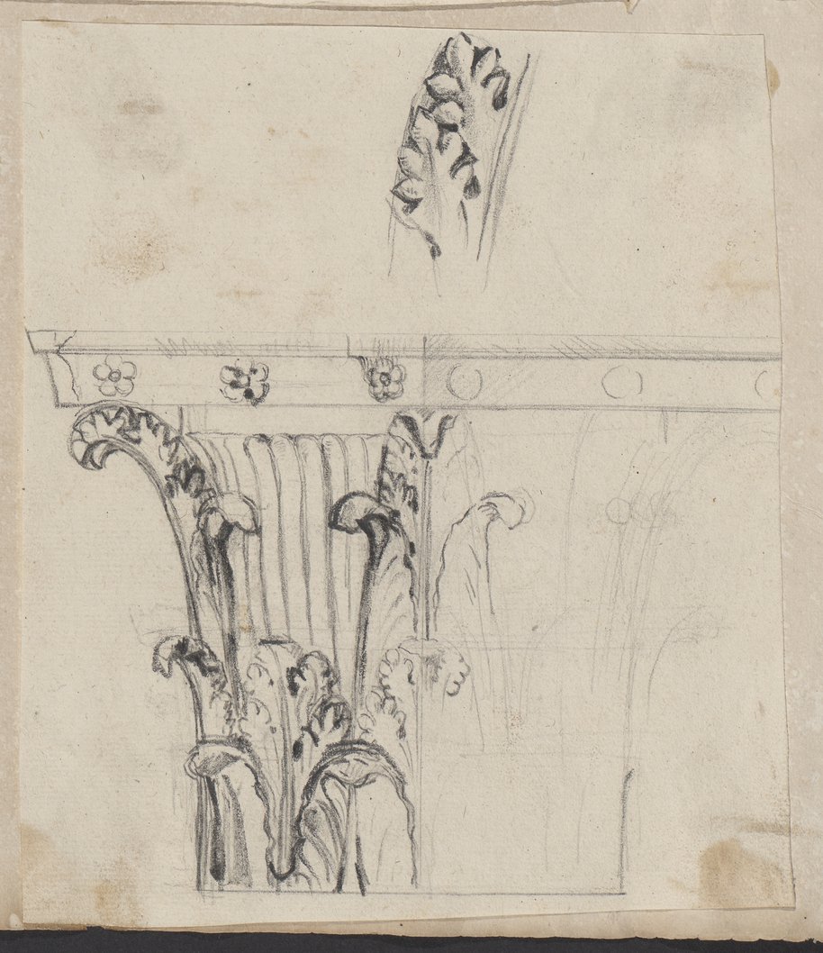 Visible reflectance photograph Black chalk drawing of a capital with leaf motif, the left half heavily worked up, the sketch above shows enlarged detail of the leaf