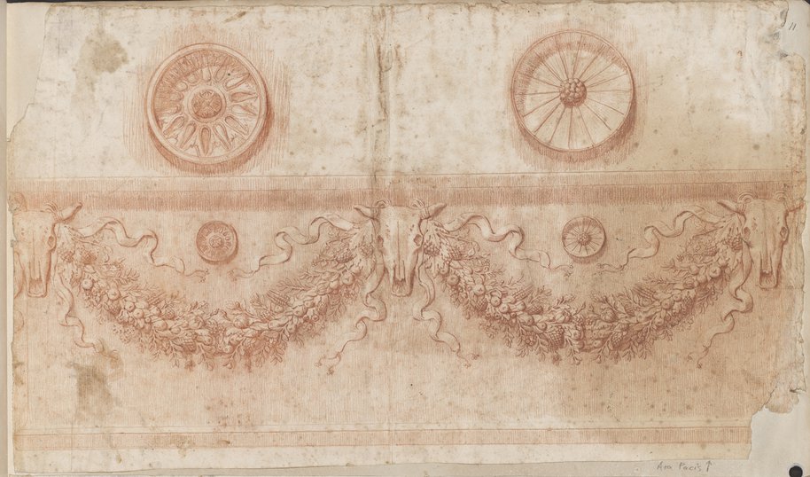 Auflichtaufnahme Mit Rötel gezeichnetes Fries mit Bukranien und Girlanden von der Ara Pacis aus der Villa Medici in Rom