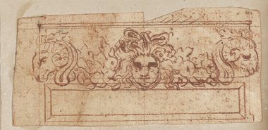 Auflichtaufnahme Rötelzeichnung eines Reliefs mit zentraler Maske, Blatt- bzw. Fruchtgirlande und Widderköpfen