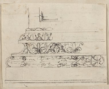 Auflichtaufnahme Braunschwarze Federzeichnung der mit Blattwerk verzierten Basis eines Pilasters oder Kaminsturz