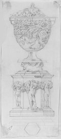Infrarotreflektografie In schwarzer Kreide gezeichnete Vase mit Rankendekor auf sechseckigem Sockel mit Girlanden tragenden Eroten