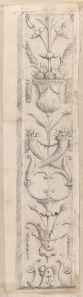 Auflichtaufnahme Mit schwarzer Kreide gezeichnete Pilasterfüllung mit Füllhörnern, Fruchtschale und Blüten