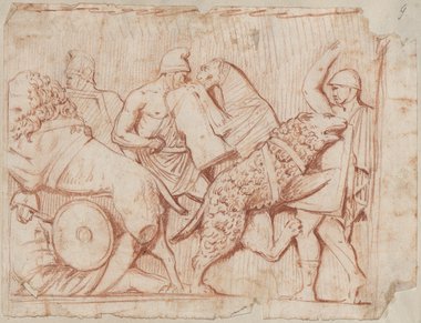 Visible reflectance photograph Red chalk drawing of a relief with a hunt scene of four figures and three wild cats from the Palazzo Savelli