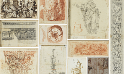 Sechs unterschiedliche Zeichnungen  von dekorativen Elementen, die jeweils an Rosen erinnern.