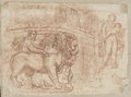 Auflichtaufnahme Tiefenräumlich ausgearbeitete Rötelzeichnung des  Löwensarkophag aus dem Palazzo Savelli daneben ein Knabe mit einem Hasen