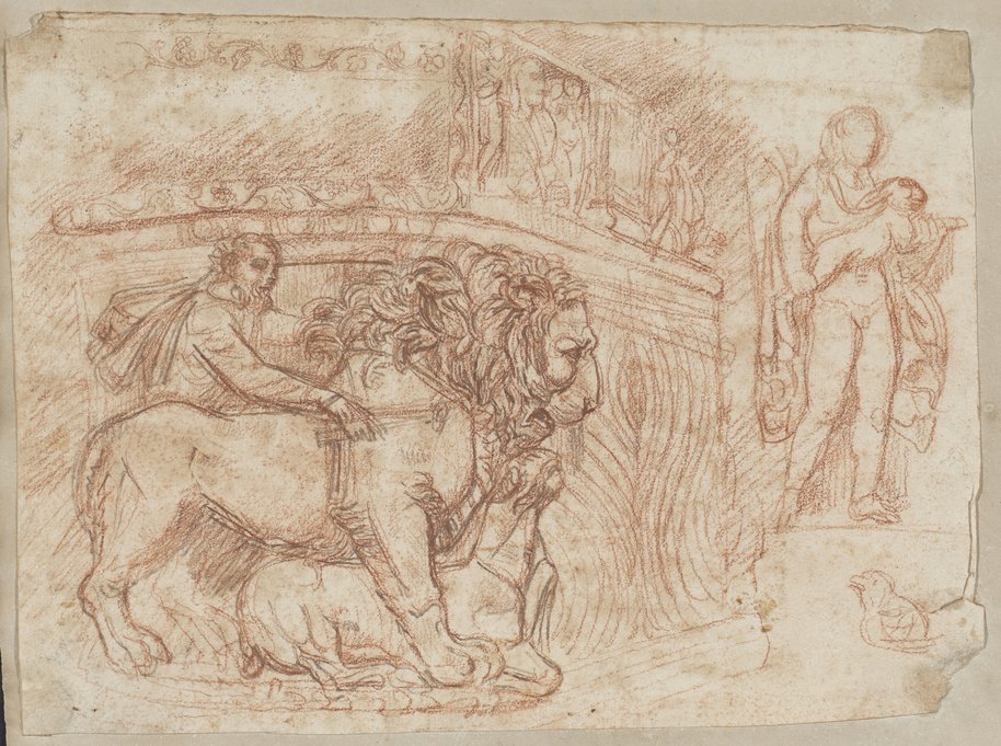 Visible reflectance photograph Red chalk drawing of the lion sarcophagus from the Palazzo Savelli beside a boy carrying a hare