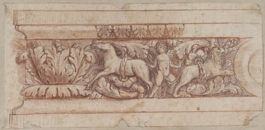 Auflichtaufnahme Rötelzeichnung eines Rankenreliefs mit Eros zwischen Löwe und Hirschkuh auf einer Soffitte aus den Farnesischen Gärten auf dem Palatin
