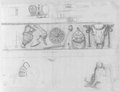 Infrarotreflektografie Schwarze Kreidezeichnung eines Frieses  unter anderem mit Bukranion, Prunkhelm, Amphore und weitere Detailstudien vom Vespasianstempel auf dem Forum Romanum