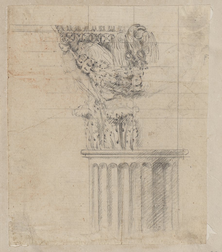 Auflichtaufnahme Oberer Abschluss eines kannelierten Säulenschafts und die linke Hälfte eines Kapitells mit geflügeltem Genius, Girlande und Adler aus dem Palazzo Massimo
