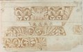 Infrared false-colour image. Red chalk and chalk drawing of three sections of foliage and palmette friezes from the Domus Flavia on the Palatine, arranged one below the other