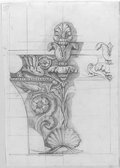 Infrarotreflektografie In schwarzer Kreide fragmenthaft ausgearbeitete Details von floralen Schmuckformen aus dem Newdigate-Kandelaber