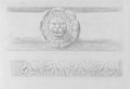 Infrarotreflektografie Mit Rötel gefertigte Frontalansicht eines Wasserspeiers in Form eines Löwenkopfs und Kyma vom Dioskurentempel auf dem Forum Romanum