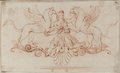 Auflichtaufnahme Kniende Figur des Arimasp im Kampf mit zwei sich aufbäumenden Greifen nach unten mit Voluten- und Palmetten-Ornamentik begrenzt