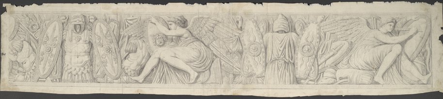 Incident light image. Victory frieze drawn in black chalk with Victories seated between armour and shields from the Palazzetto Massimo istoriato