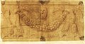 Durchlicht-Aufnahme Rötelzeichnung eines Reliefs mit bärtiger Maske und von zwei Adlern geschulterter Fruchtgirlande aus der Gartenfassade des Palazzo Barberini