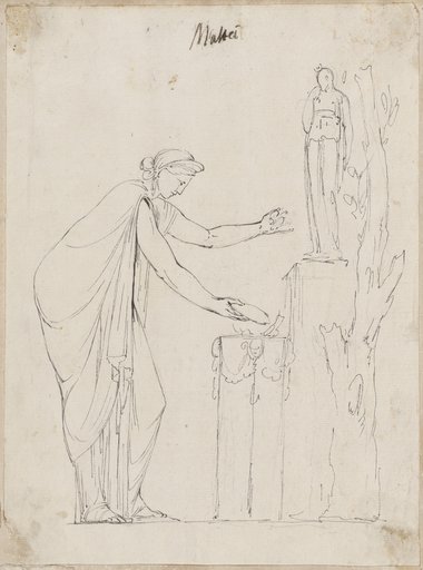 Visible reflectance photograph Profile view of a female figure offering sacrifice in front of an altar decorated with a statuette, drawn with pen and chalk, from the Mattei Collection