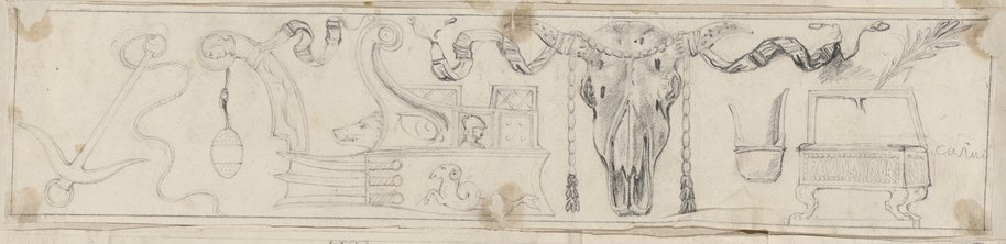 Visible reflectance photograph Section of a frieze with bucrania, ritual implements and ship trophies from the Palazzo dei Conservatori, drawn with black chalk
