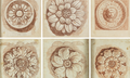Sechs unterschiedliche Zeichnungen  von dekorativen Elementen, die jeweils an Rosen erinnern.