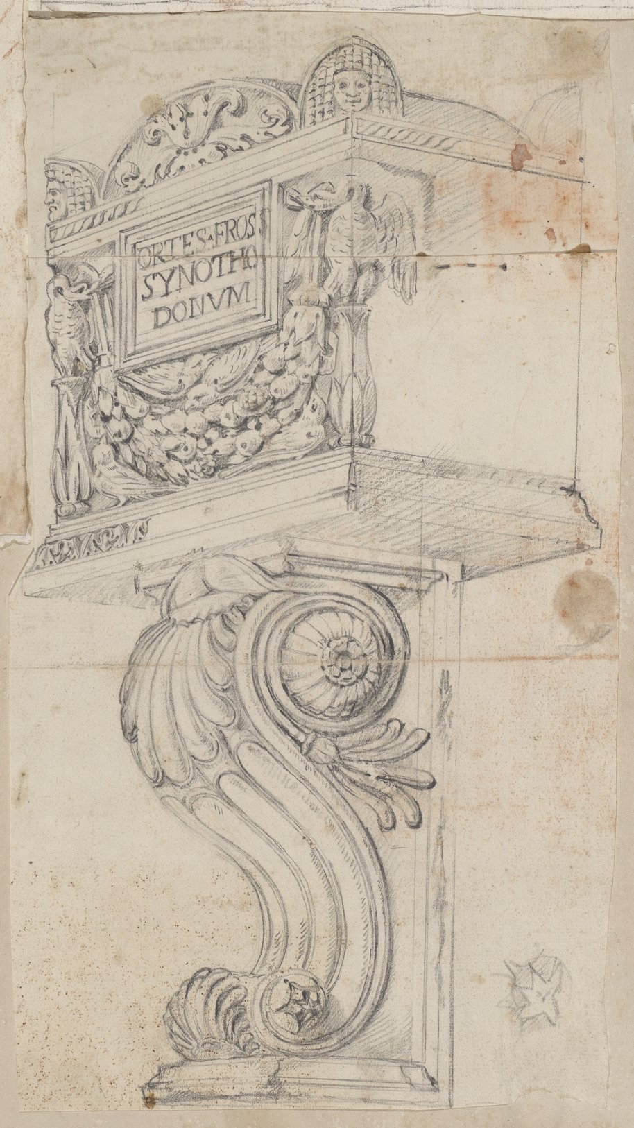 Visible reflectance photograph Perspective drawing in black chalk of a richly decorated ash urn on a volute corbel swinging out to the left