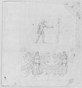 Infrarotreflektografie Kreidezeichnung von zwei Soldaten, darunter Viktorien-Girlanden-Fries mit zwei Viktorienfiguren aus Piranesis Radierung der Marc-Aurel Säule