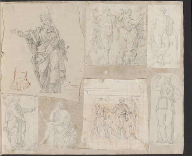 Auflichtaufnahme Satyr, Mänade, Minerva, Gewandfiguren, Altarrelief mit Herkules