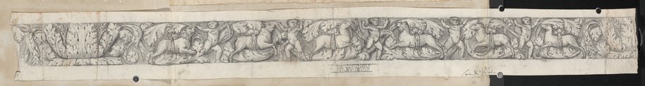 Auflichtaufnahme Rankenfries mit Tiere jagenden Eroten von der Casa dei Crescenzi mit schwarzer Kreide gezeichnet