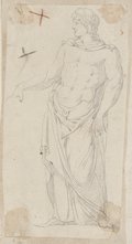 Visible reflectance photograph Frontal view of a standing male nude figure with head turned into profile and scarf wrapped around the hips, drawn in black chalk