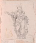 Infrarot-Falschfarben-Aufnahme Kreidezeichnung der bärtigen Männerfigur des Paulus mit zum Segensgestus ausgestrecktem rechten Arm und Schwert in der linken Hand, von der Marc-Aurel-Säule. Links daneben Rötelzeichnung eines Fußes in Sandale