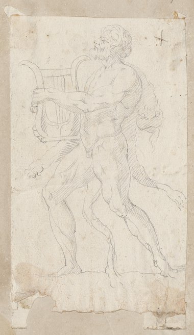 Visible reflectance photograph Chalk drawing of a striding male nude figure with lion skin and lyre in side view