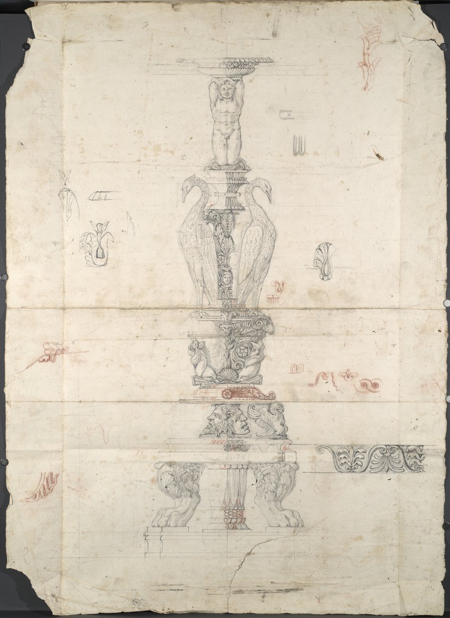 Visible reflectance photograph Drawing in chalk, graphite and red chalk of the so-called Newdigate candelabra with rich ornamental decoration, birds and many figures