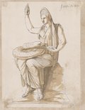 Visible reflectance photograph Light brown washed pen and chalk drawing of the seated female figure of Hygieia with a curled snake on her lap, from the Giustiniani Collection