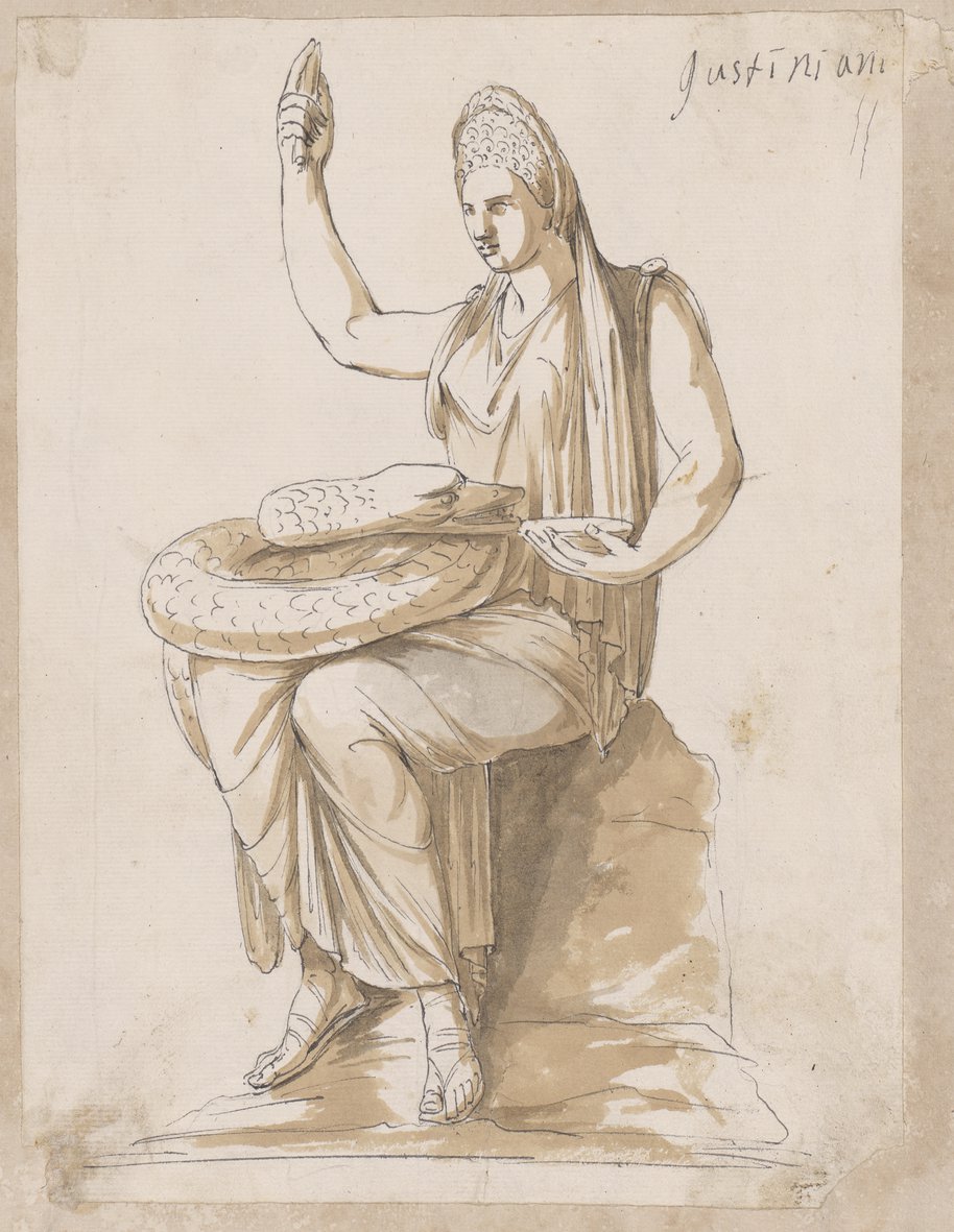 Auflichtaufnahme Feder- und Kreidezeichnung, hellbraun laviert, der sitzenden weiblichen Figur der Hygieia mit eingerollter Schlange auf dem Schoß aus der Sammlung Giustiniani