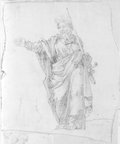 Infrarotreflektografie Kreidezeichnung der bärtigen Männerfigur des Paulus mit zum Segensgestus ausgestrecktem rechten Arm und Schwert in der linken Hand, von der Marc-Aurel-Säule. Links daneben Rötelzeichnung eines Fußes in Sandale