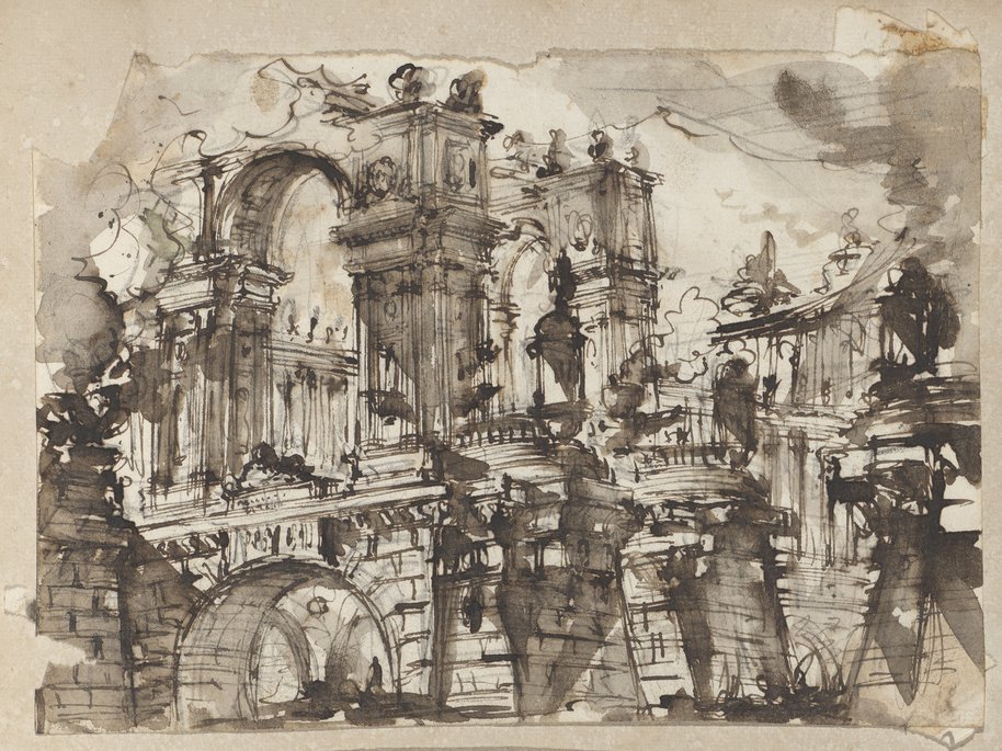 Visible reflectance photograph Architectural fantasy with bridges and triumphal arches, drawn with pen and wash in brown over black chalk