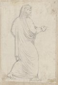 Visible reflectance photograph Profile view of a male robed figure in a walking position, drawn with black chalk