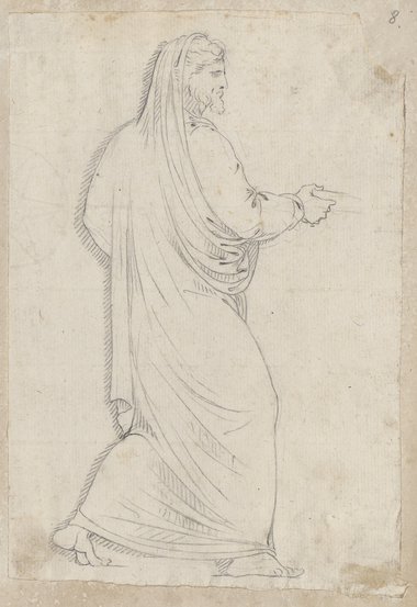 Visible reflectance photograph Profile view of a male robed figure in a walking position, drawn with black chalk